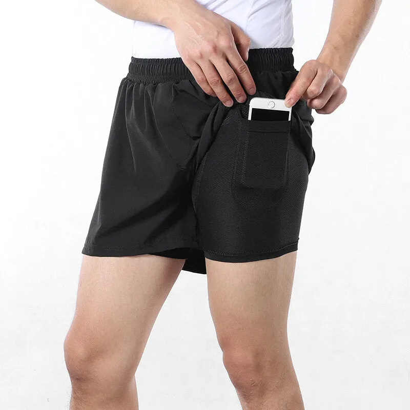 2-in-1 Men's Running Shorts with Waist Rope Quick Dry Zipper Pocket  Sports Fitness Gym Shorts