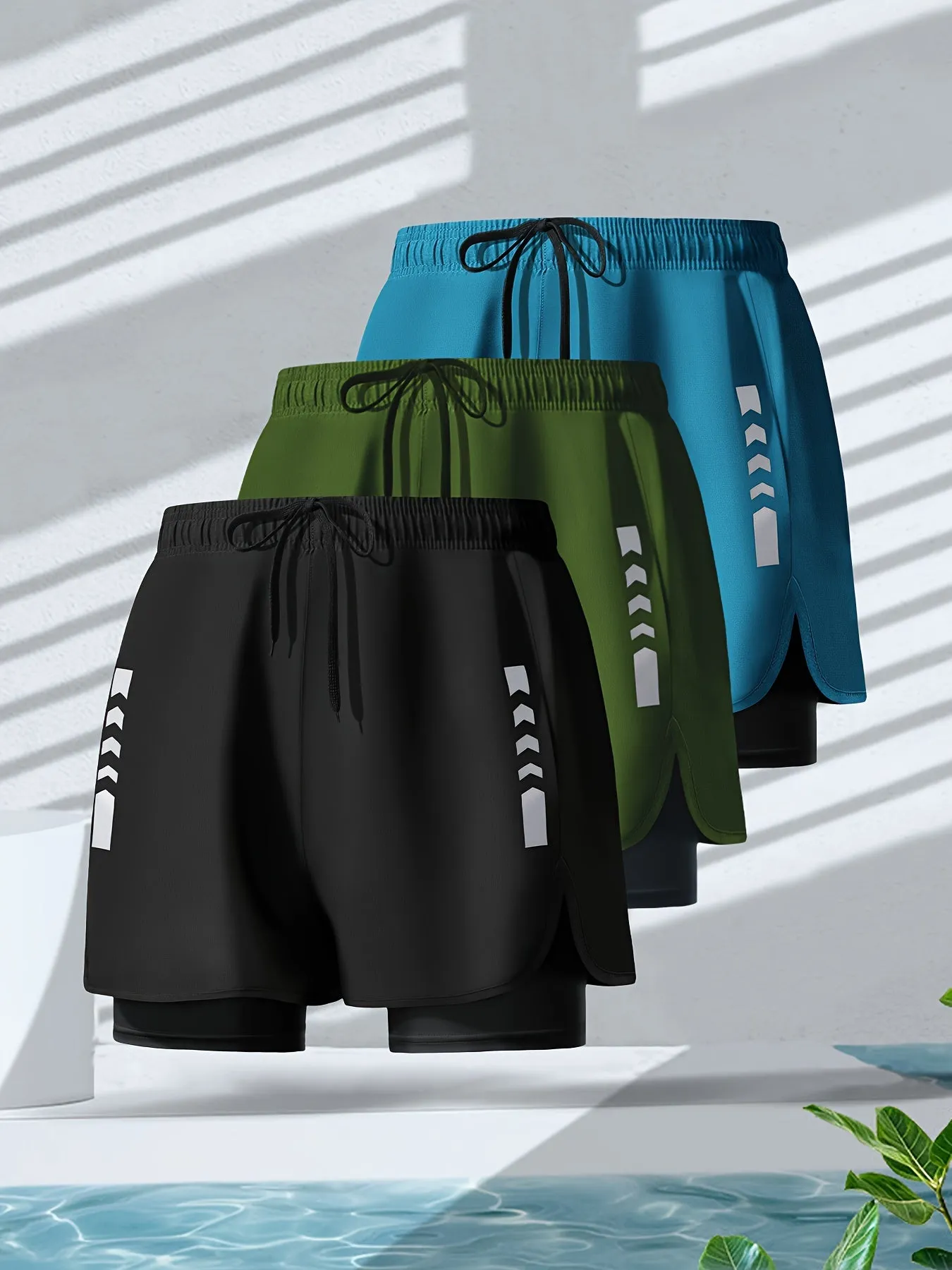 3-Piece Men's 2-in-1 Double Layer Breathable Stretch Shorts for Summer Gym Workout Training