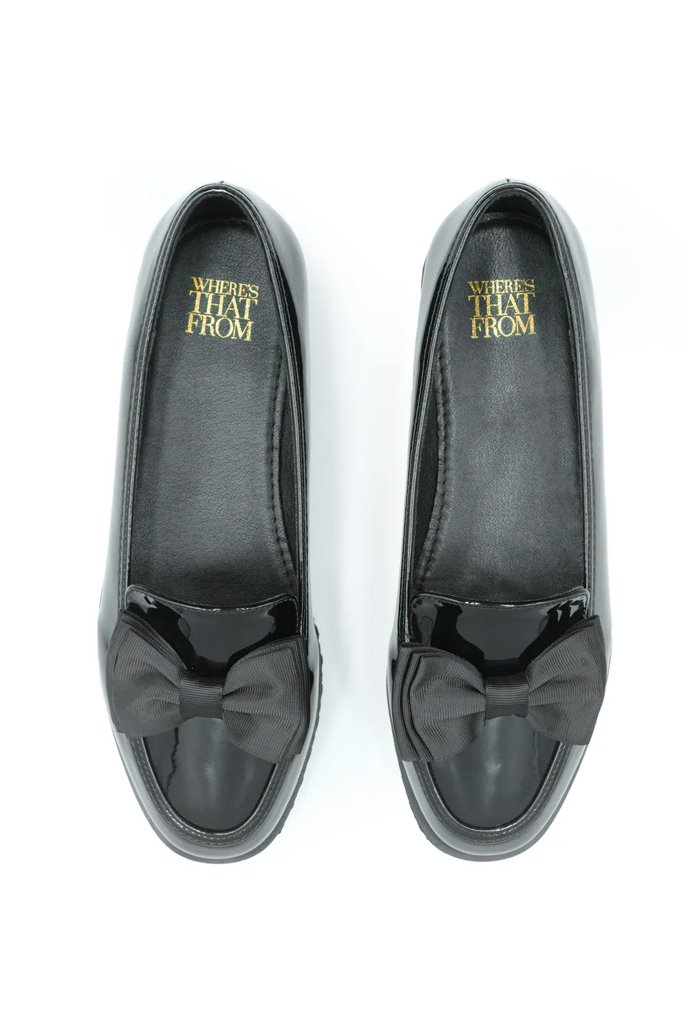 ALPHA EXTRA WIDE FIT SLIP ON LOAFER SLIDER WITH BOW DETAIL IN BLACK PATENT FAUX LEATHER