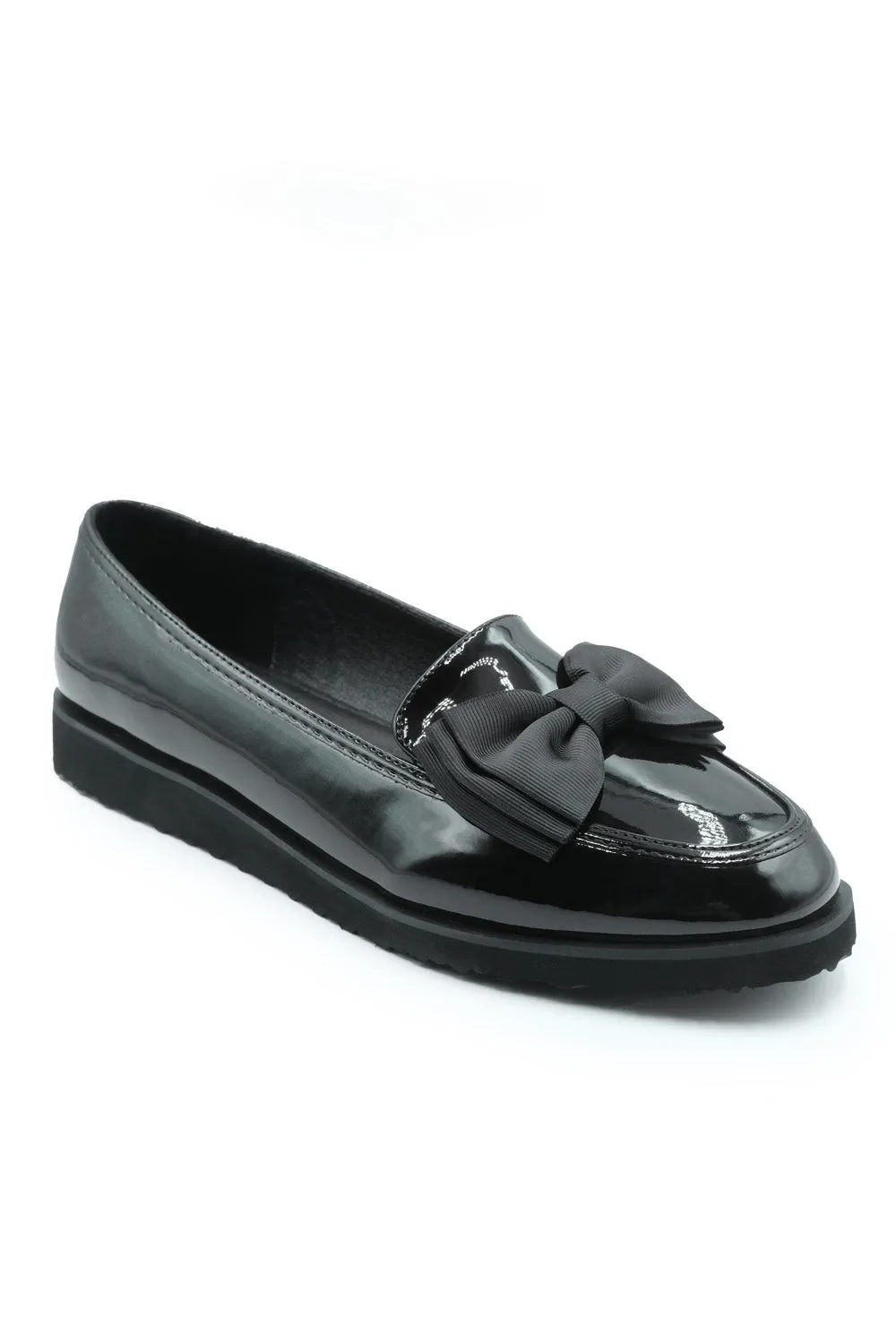 ALPHA EXTRA WIDE FIT SLIP ON LOAFER SLIDER WITH BOW DETAIL IN BLACK PATENT FAUX LEATHER