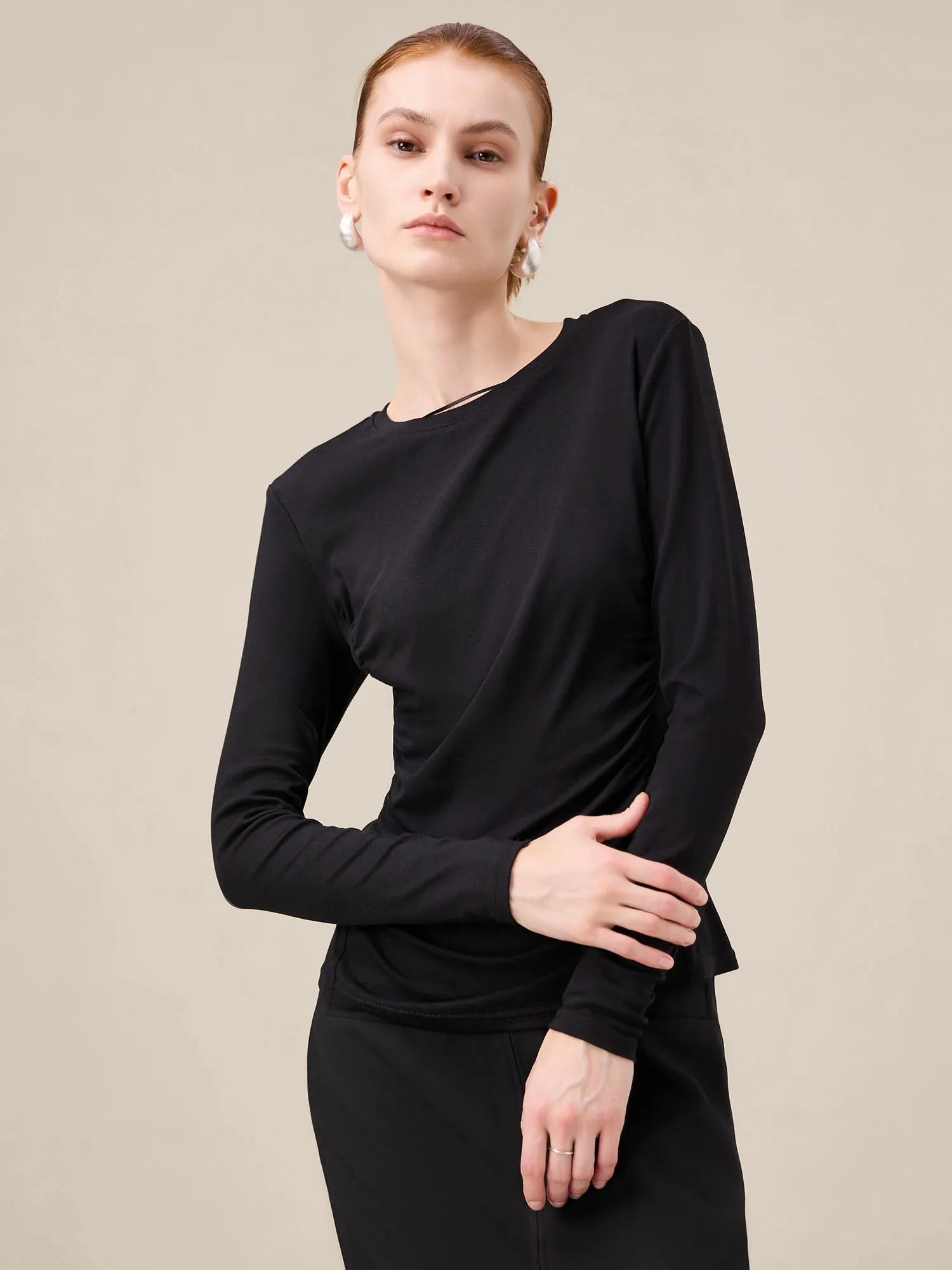 Amoretu Cotton Long Sleeve Pleated Top