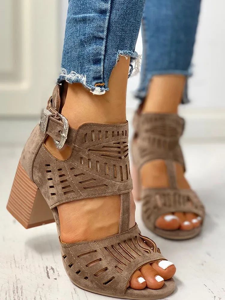 Amozae-Hollow Out Chunky Heel Sandals