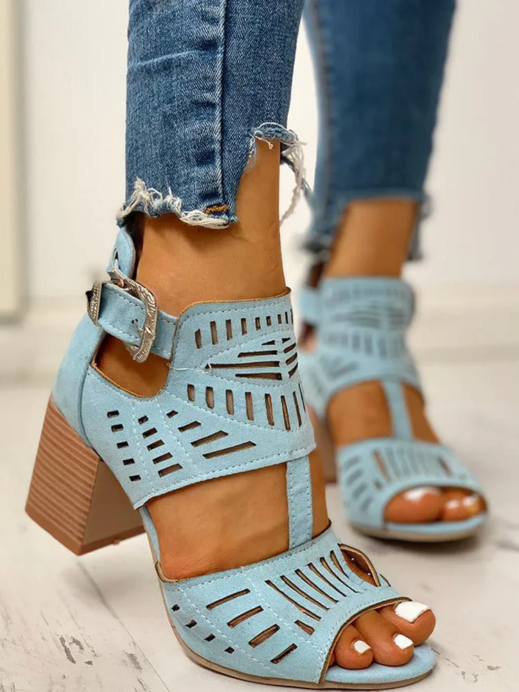 Amozae-Hollow Out Chunky Heel Sandals