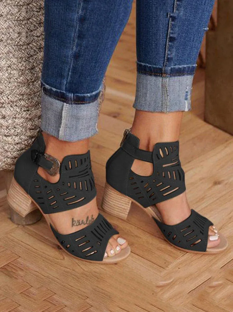 Amozae-Hollow Out Chunky Heel Sandals