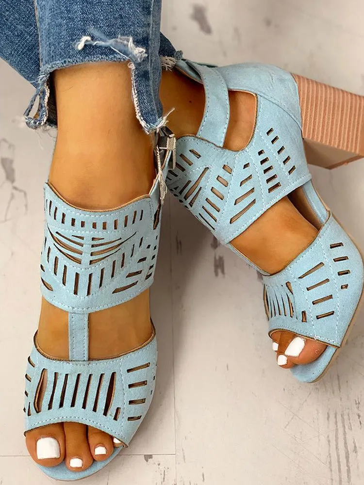 Amozae-Hollow Out Chunky Heel Sandals