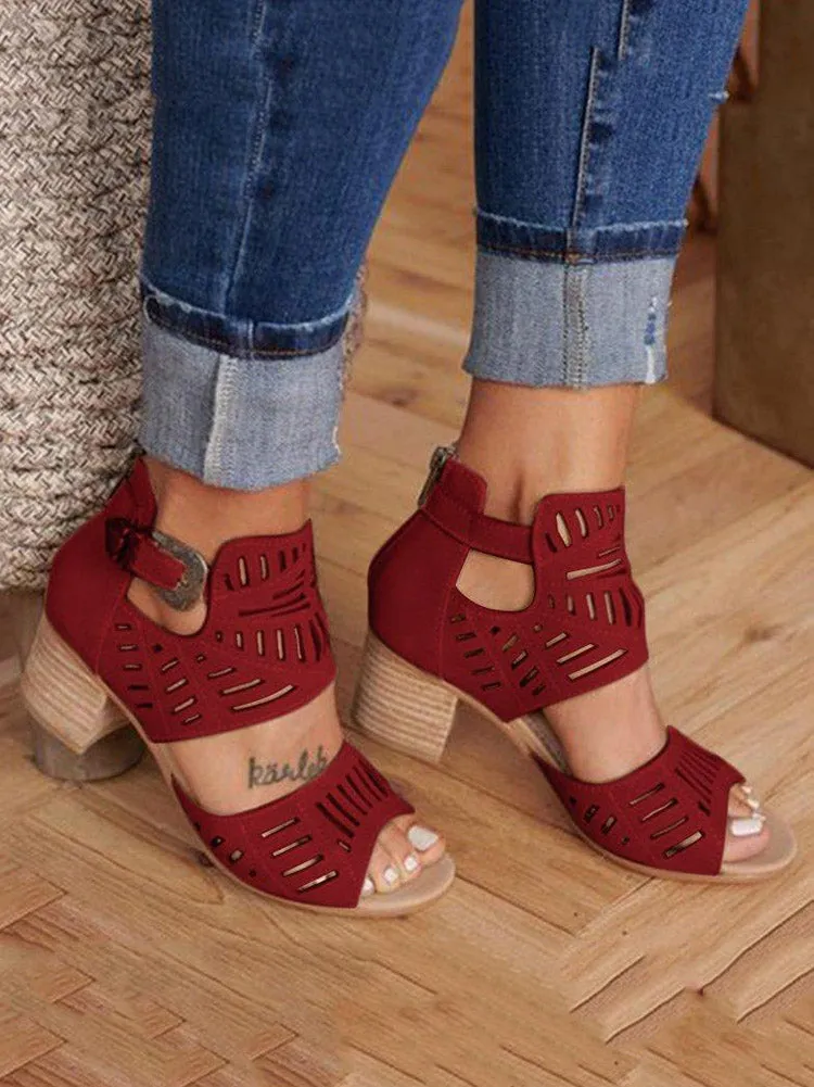 Amozae-Hollow Out Chunky Heel Sandals