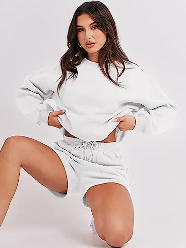 ANRABESS Conjunto de sudadera de 2 piezas para mujer Sudadera de gran tamaño Sudaderas con capucha de lana Conjunto de pantalones cortos de salón a juego 2023 Conjunto de sudadera cómodo informal Ropa de otoño de moda Pijamas 1047piaobai-M