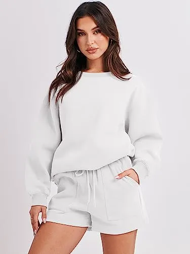 ANRABESS Conjunto de sudadera de 2 piezas para mujer Sudadera de gran tamaño Sudaderas con capucha de lana Conjunto de pantalones cortos de salón a juego 2023 Conjunto de sudadera cómodo informal Ropa de otoño de moda Pijamas 1047piaobai-M