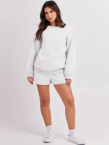 ANRABESS Conjunto de sudadera de 2 piezas para mujer Sudadera de gran tamaño Sudaderas con capucha de lana Conjunto de pantalones cortos de salón a juego 2023 Conjunto de sudadera cómodo informal Ropa de otoño de moda Pijamas 1047piaobai-M