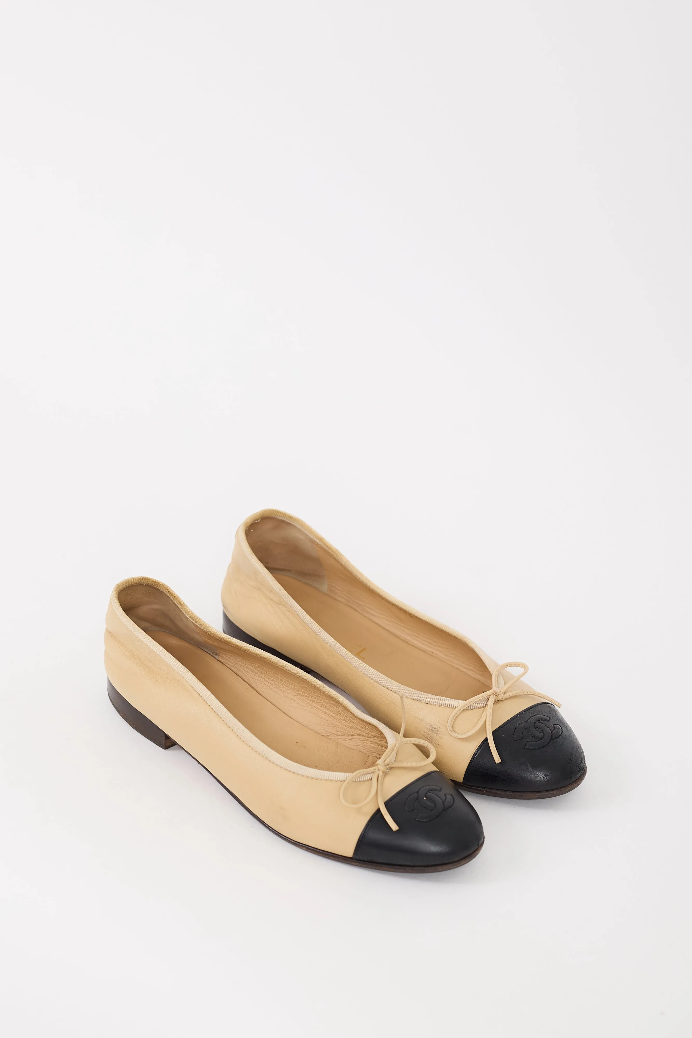 Beige & Black Leather CC Ballet Flat