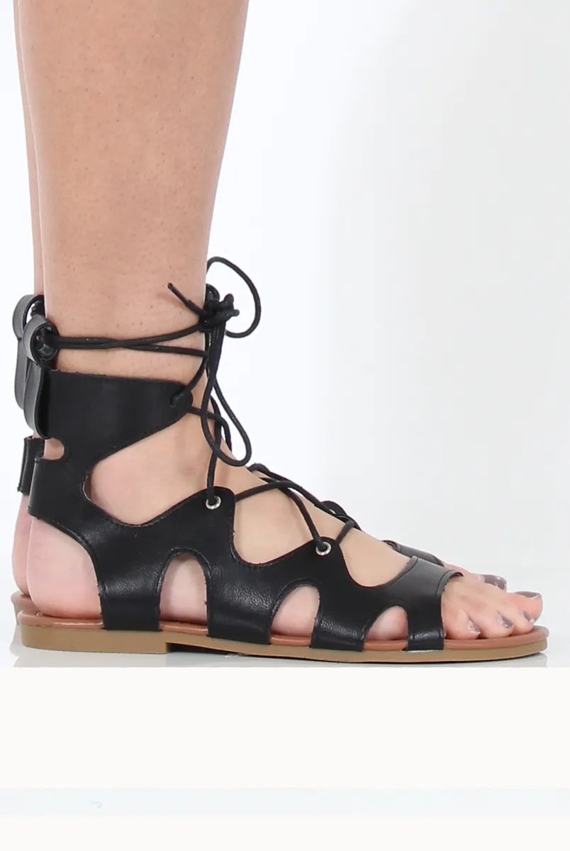 Black Lace Up Gladiator Sandals - Adina