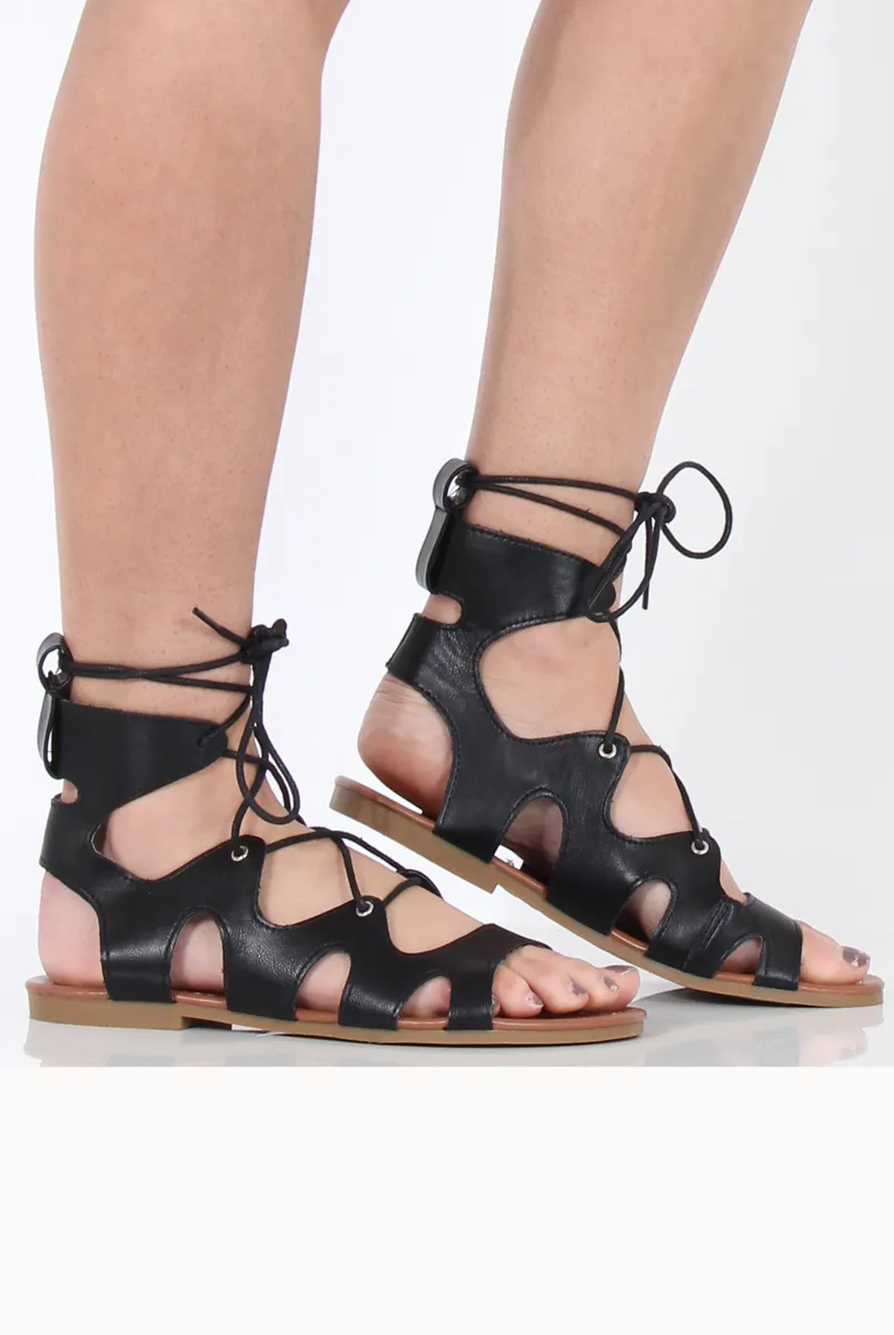 Black Lace Up Gladiator Sandals - Adina