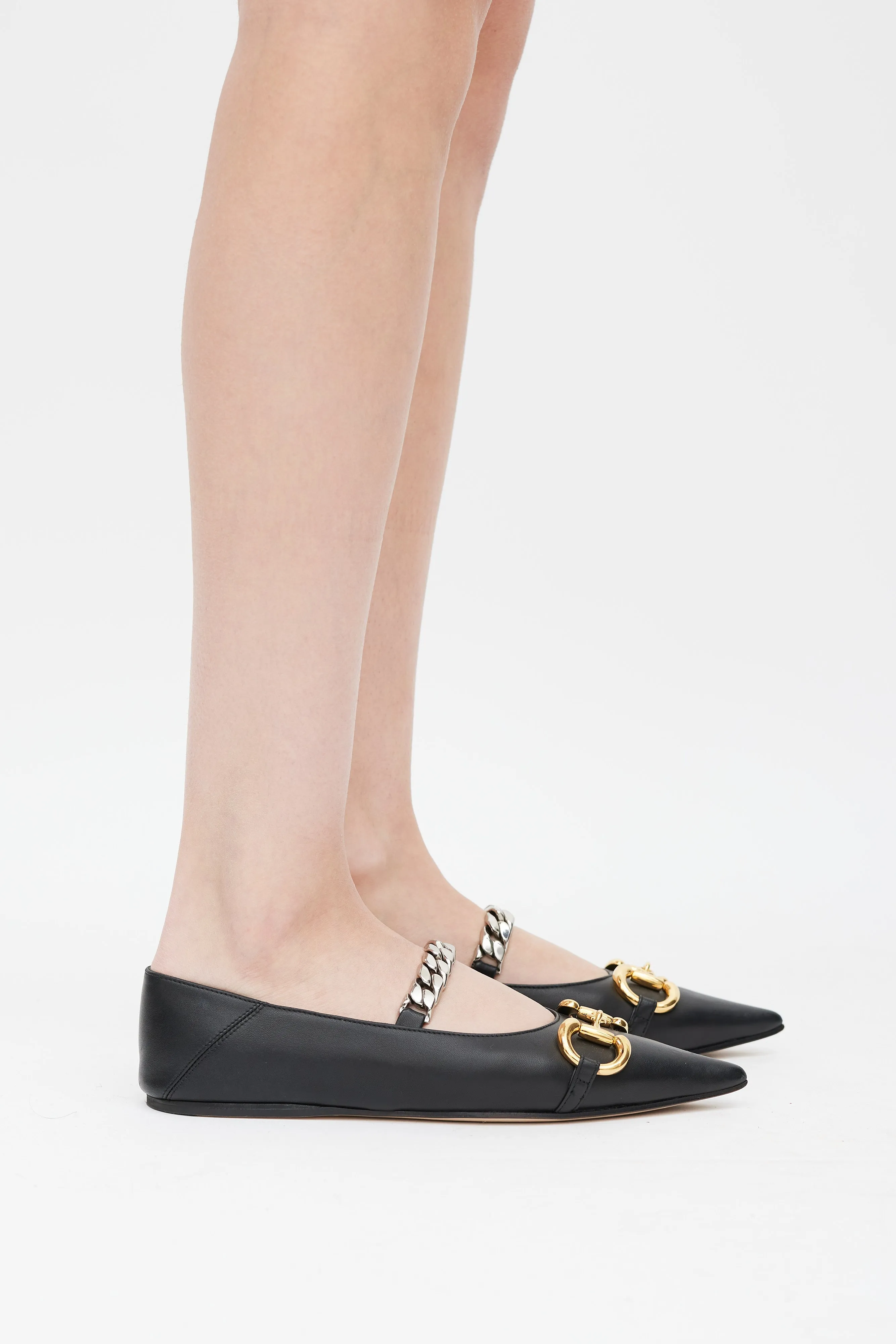 Black Leather Chain Strap Ballet Flat