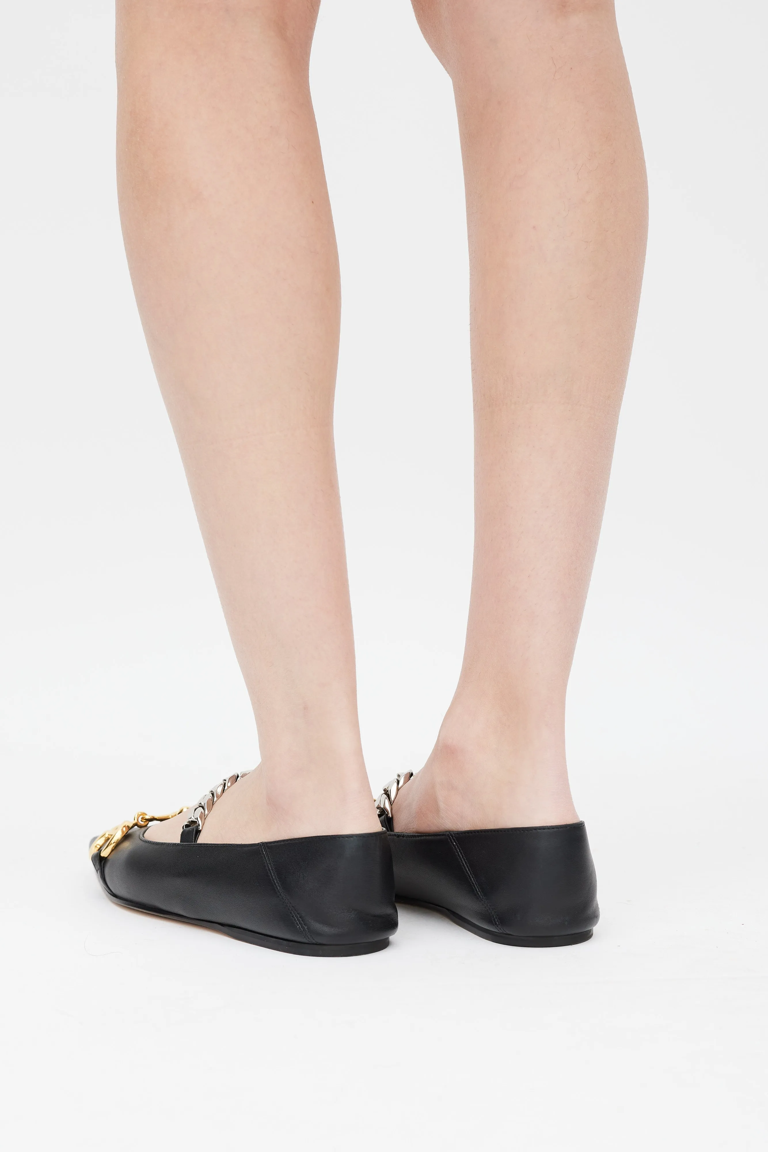 Black Leather Chain Strap Ballet Flat