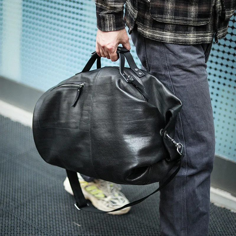 Black Leather Extra Large Sling Bag For Men Large Mens Barrel Weekender Sling Bag