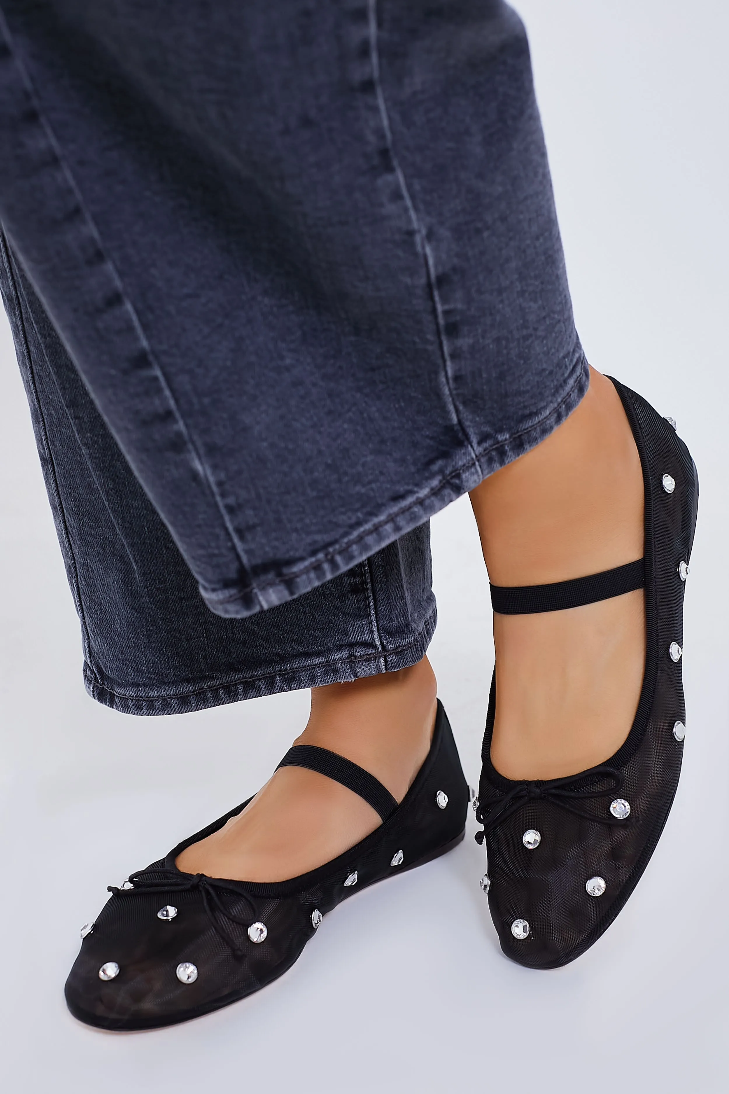 Black Mesh with Clear Rhinestones Leonie Flats