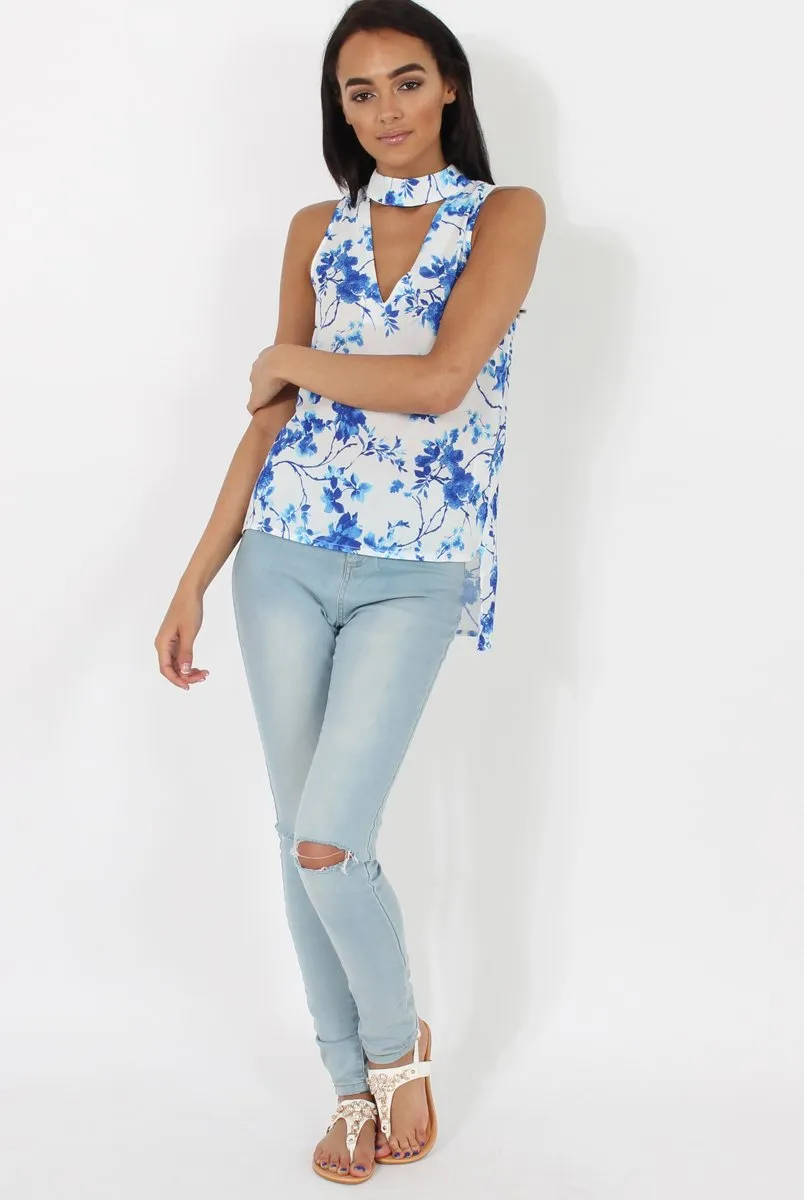 Blue & White Floral Print V Top - Gia