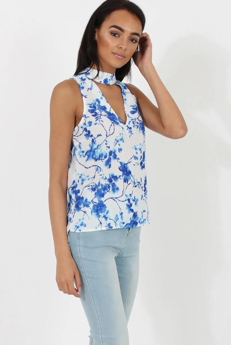 Blue & White Floral Print V Top - Gia