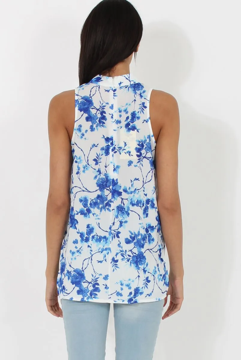 Blue & White Floral Print V Top - Gia