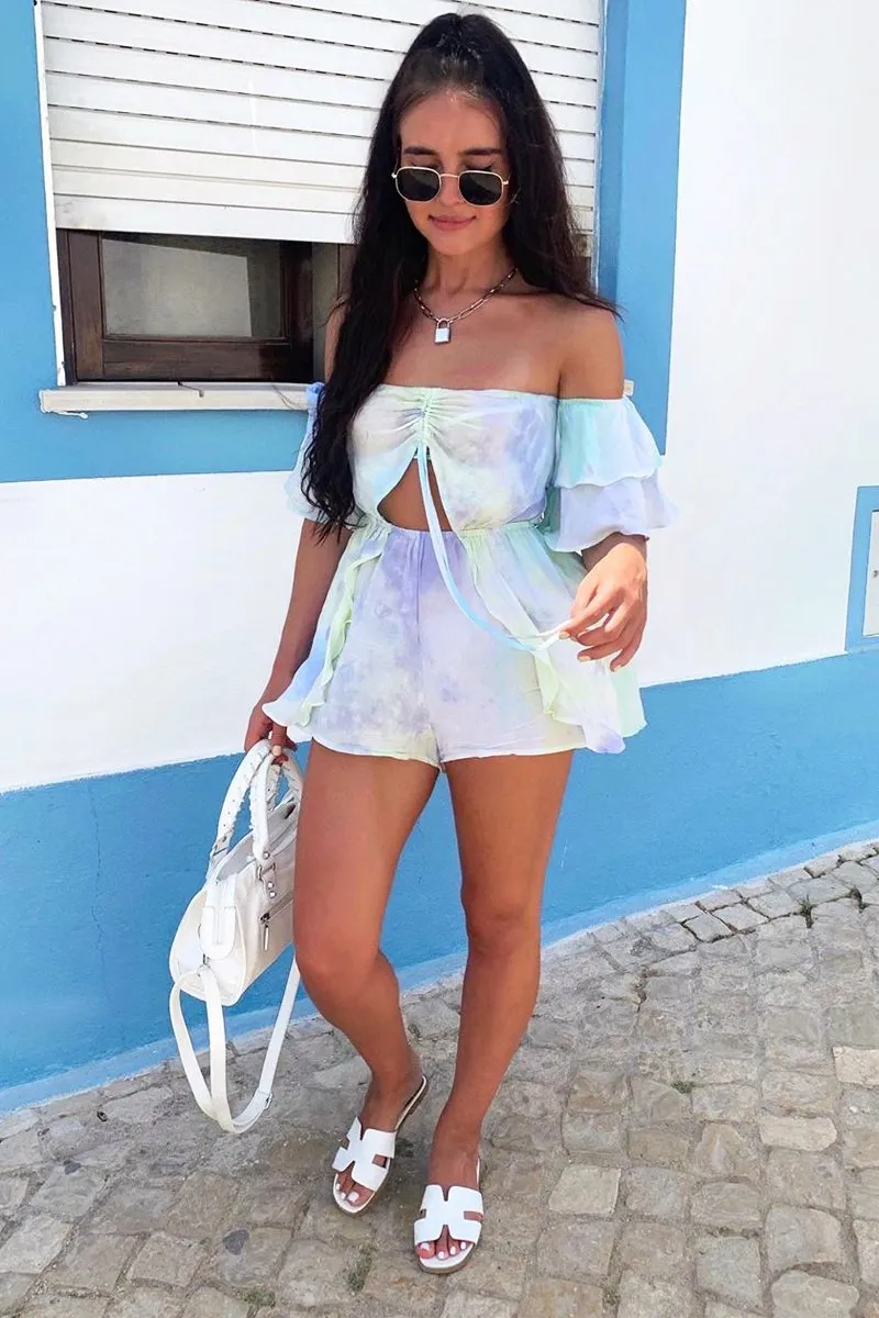 Blue Green Tie Dye Frill Detail Cut Out Playsuit - Jaira