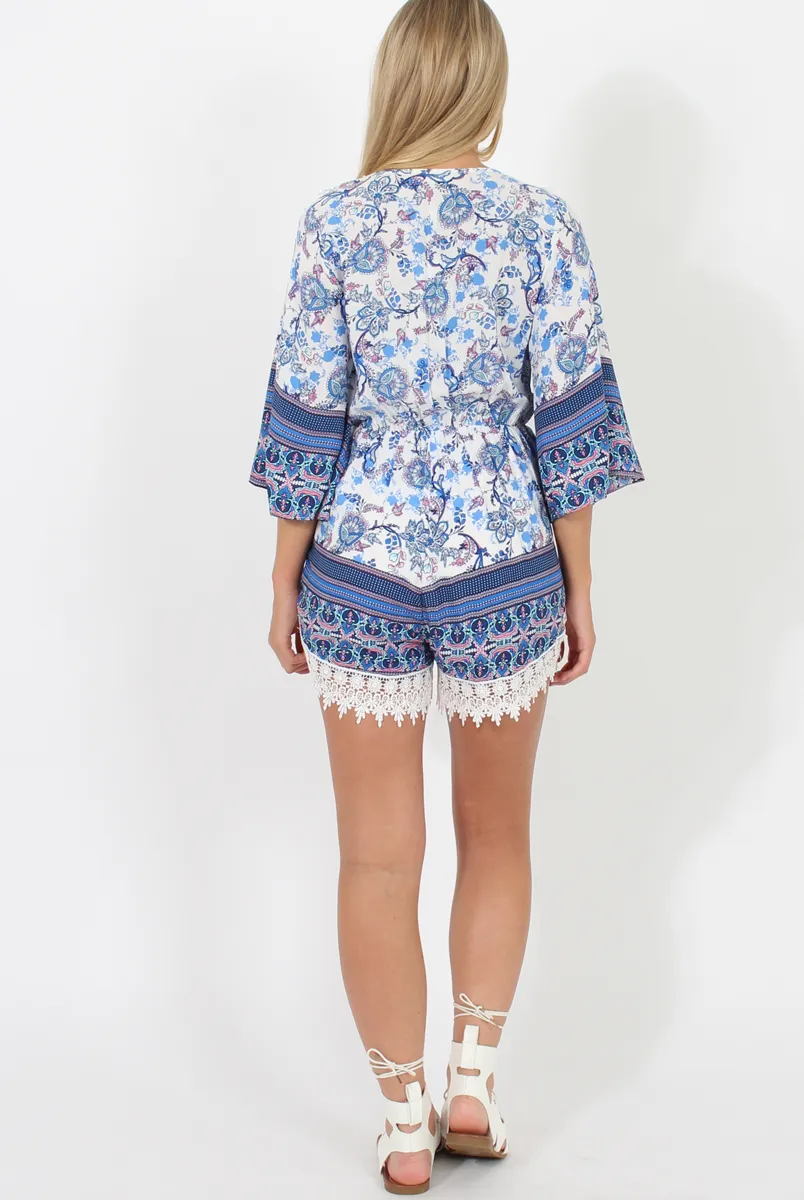 Blue Low Cut Crochet Playsuit - Evelyn