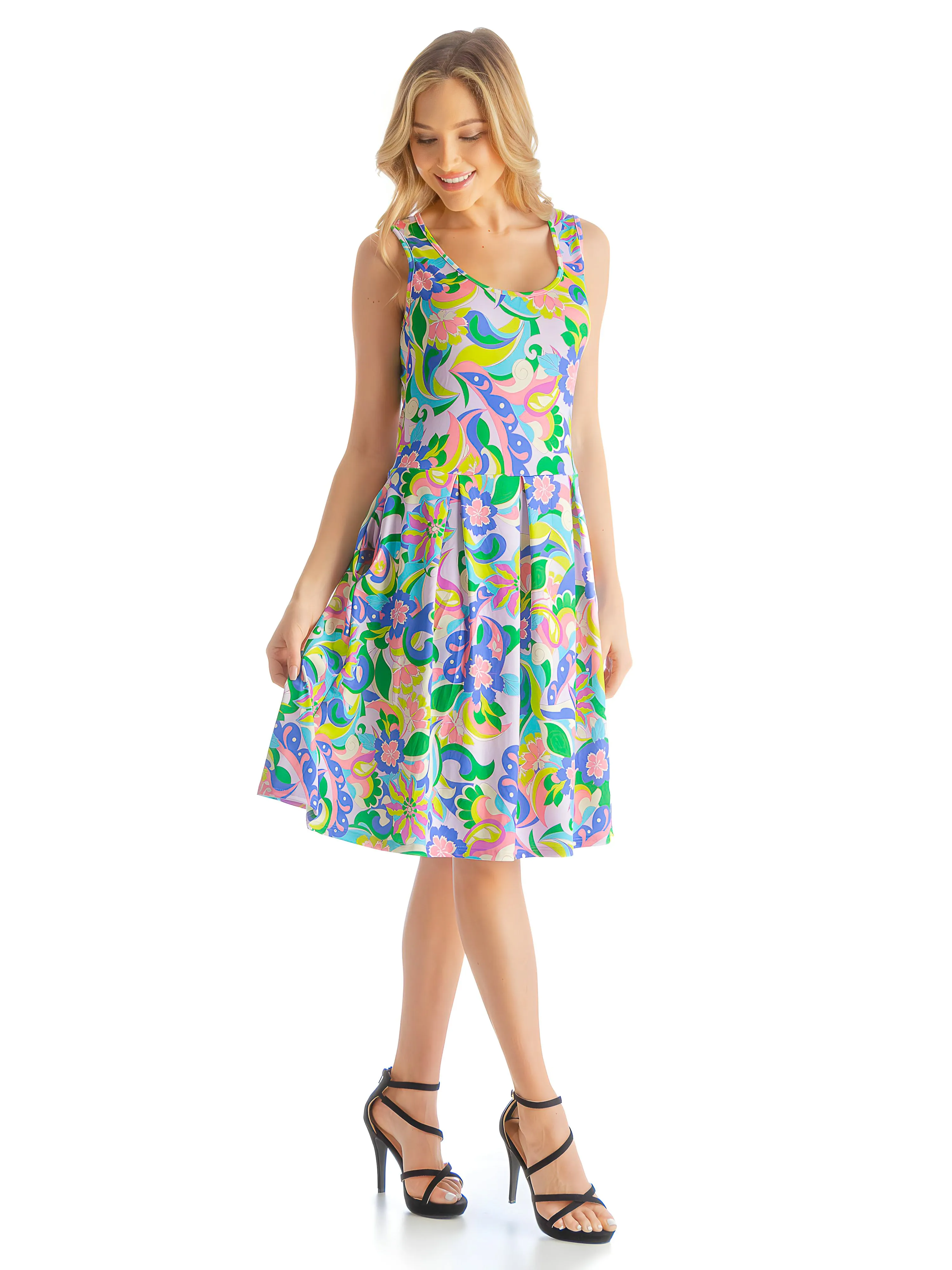 Bright Multicolor Floral Sleeveless Pleated Knee Length Pocket Dress