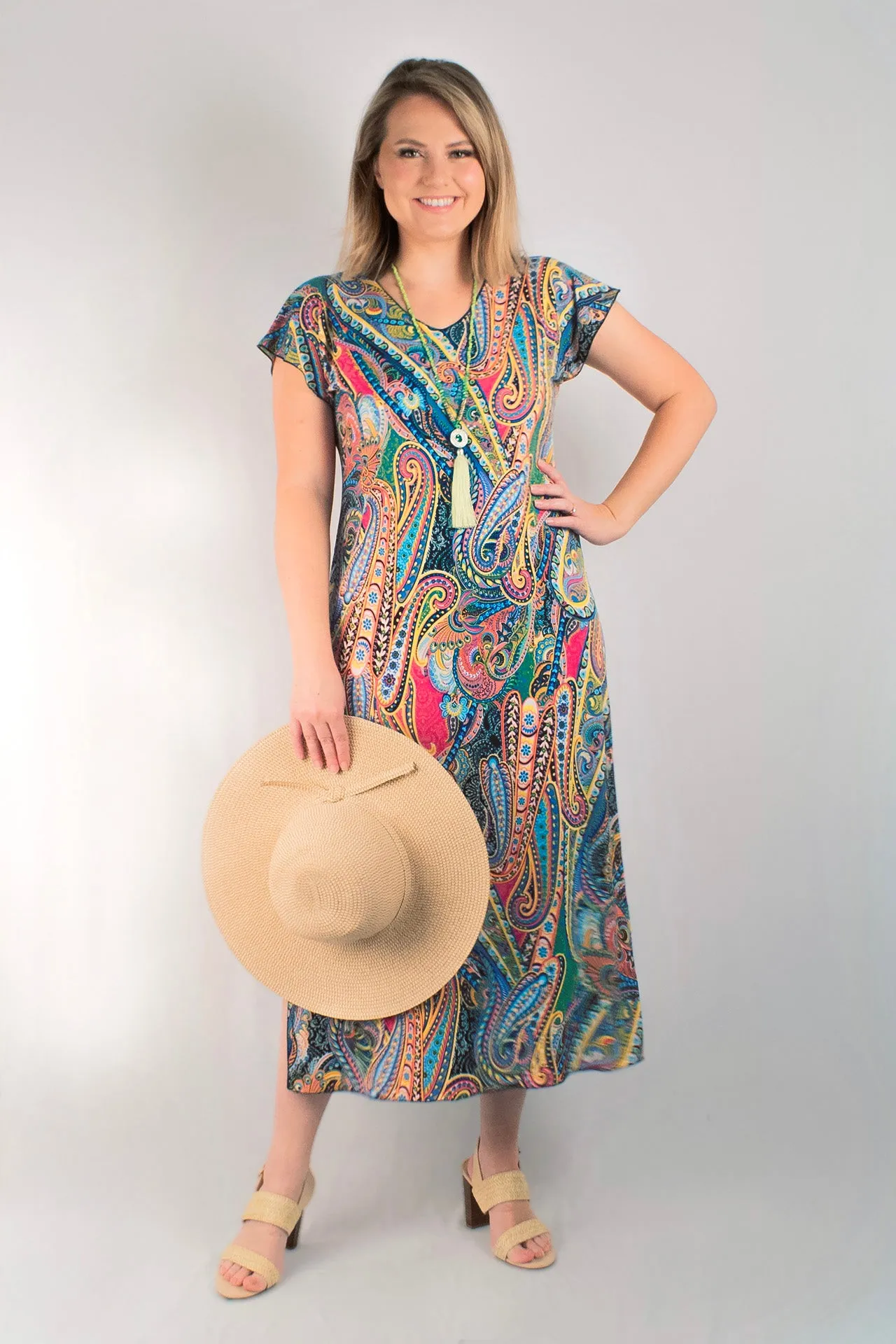 Carnival Print Short Sleeve Jersey Maxi Dress