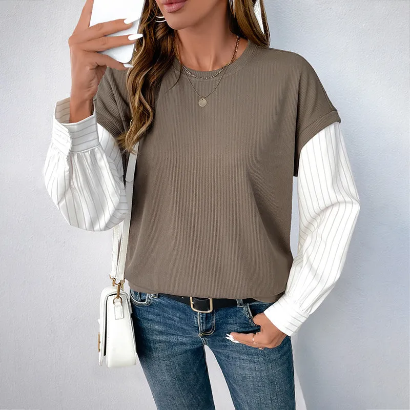 Color Block Textured Long Sleeve Tops Crewneck Sweatshirts