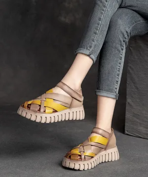 Comfy Hollow Out Splicing Platform Sandals Yellow Cowhide Leather DD1050