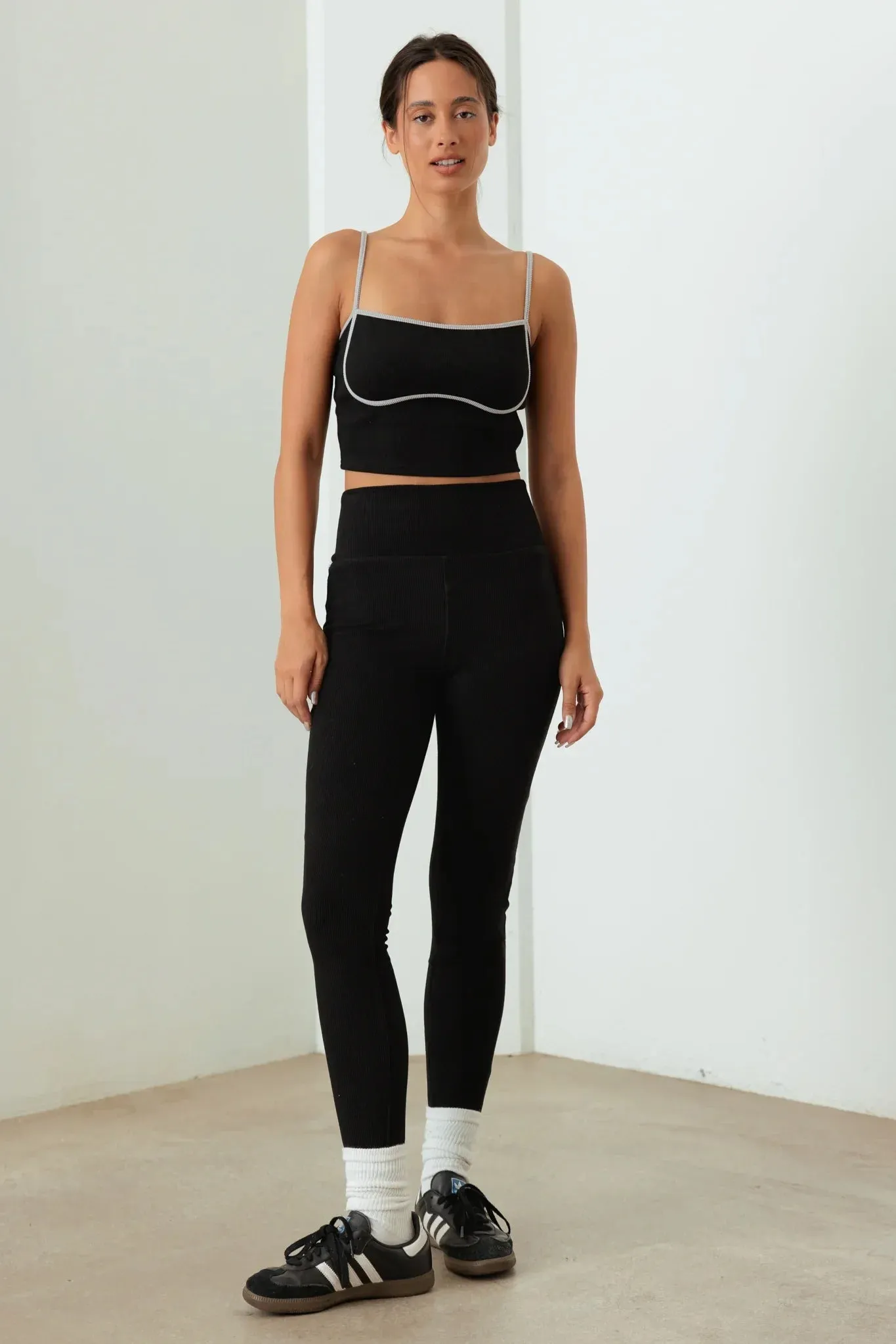 Contrast Trim Ribbed Crop Top High Waist Leggings Set