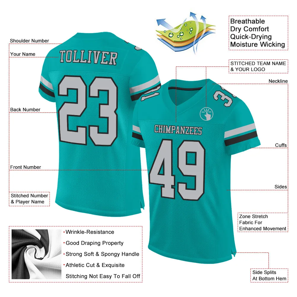 Custom Aqua Gray-Black Mesh Authentic Football Jersey