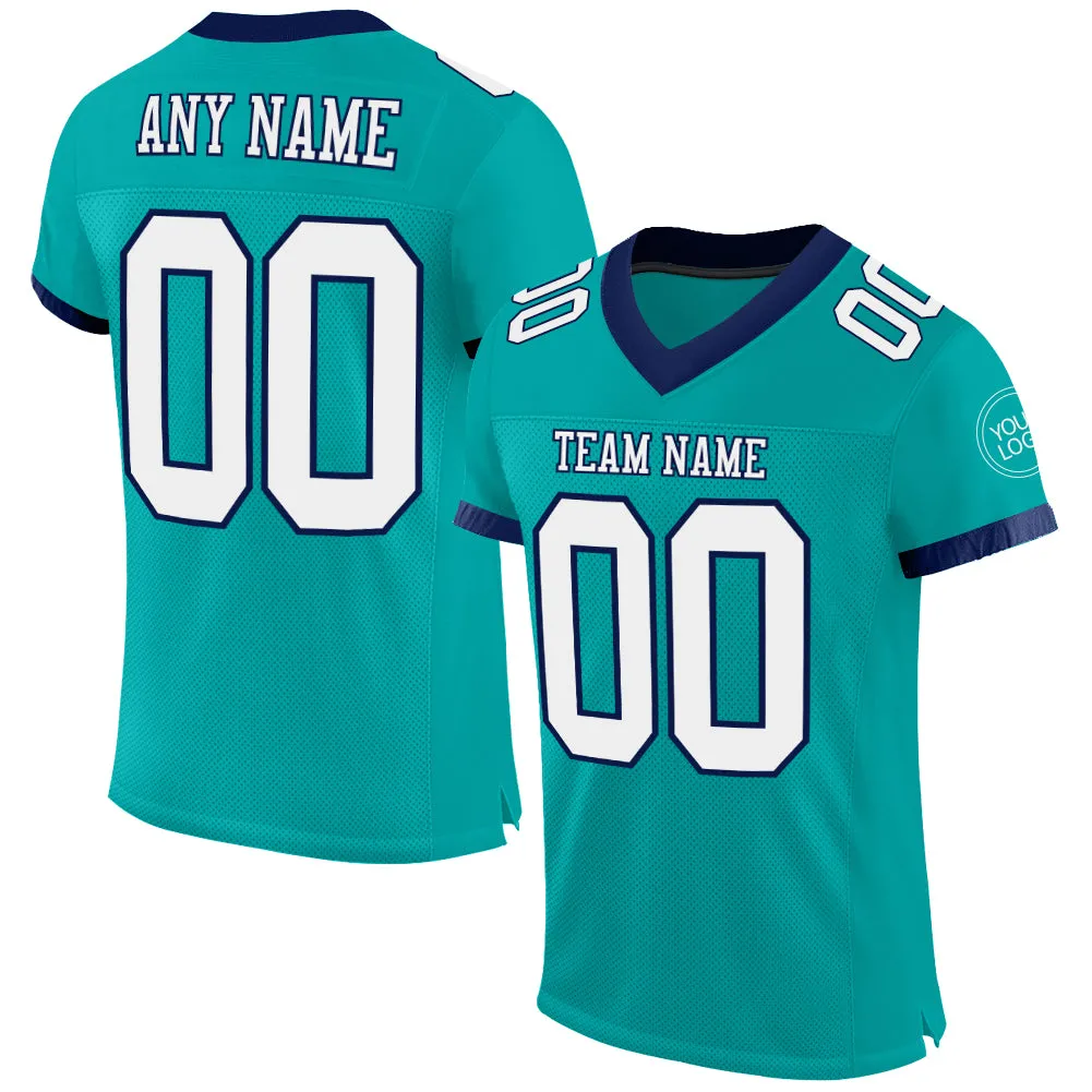 Custom Aqua White-Navy Mesh Authentic Football Jersey