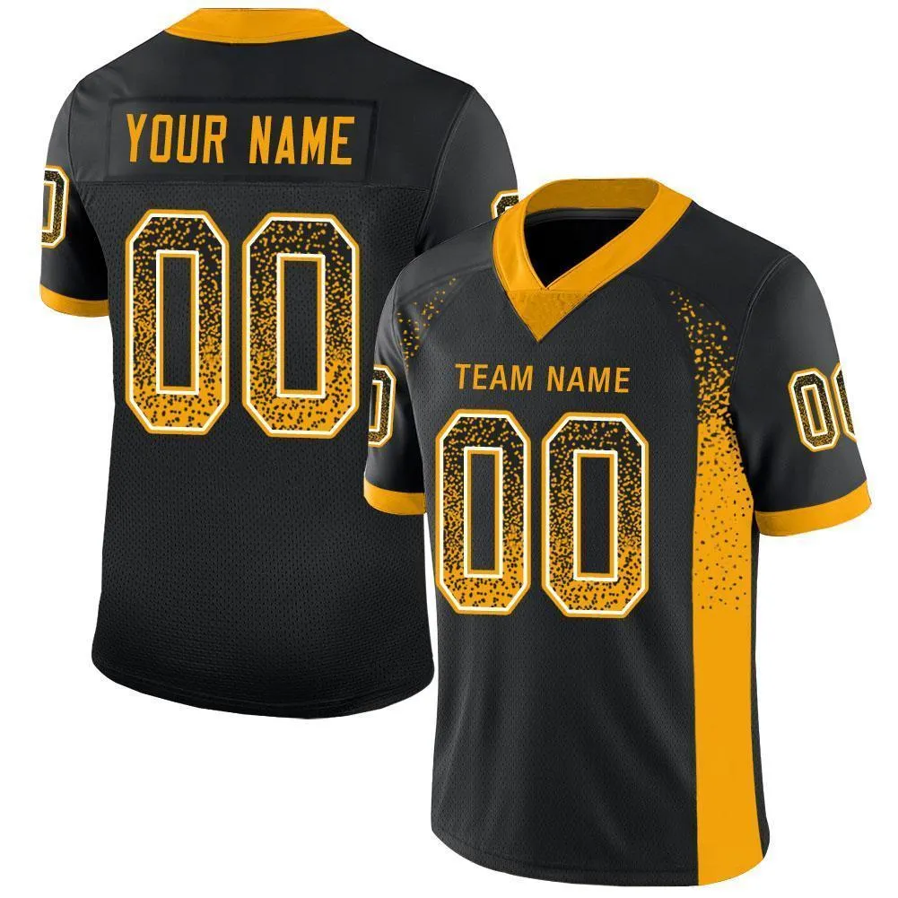 Custom Black Gold-White Mesh Drift Fashion Football Jersey