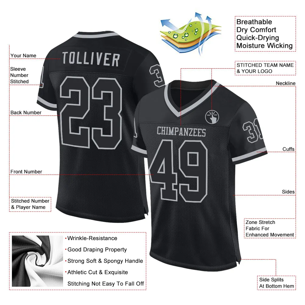 Custom Black Gray Mesh Authentic Throwback Football Jersey