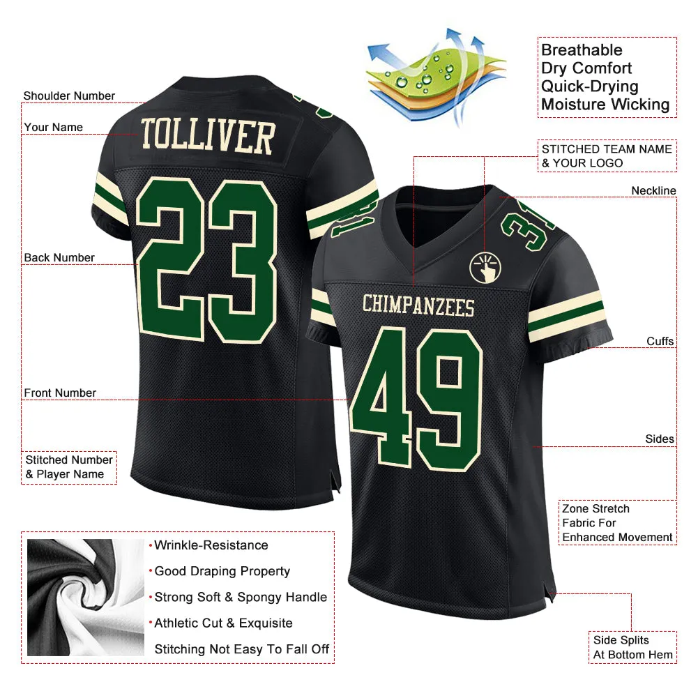 Custom Black Green-Cream Mesh Authentic Football Jersey