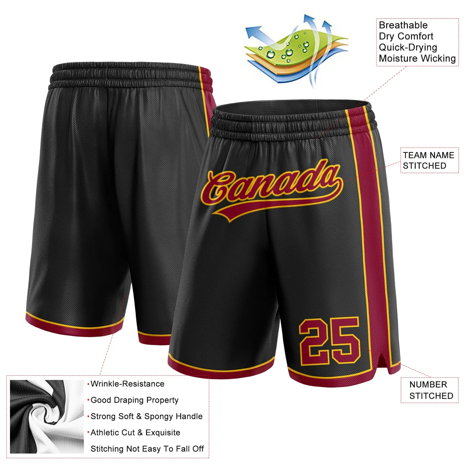 Custom Black Maroon-Yellow Authentic Basketball Shorts