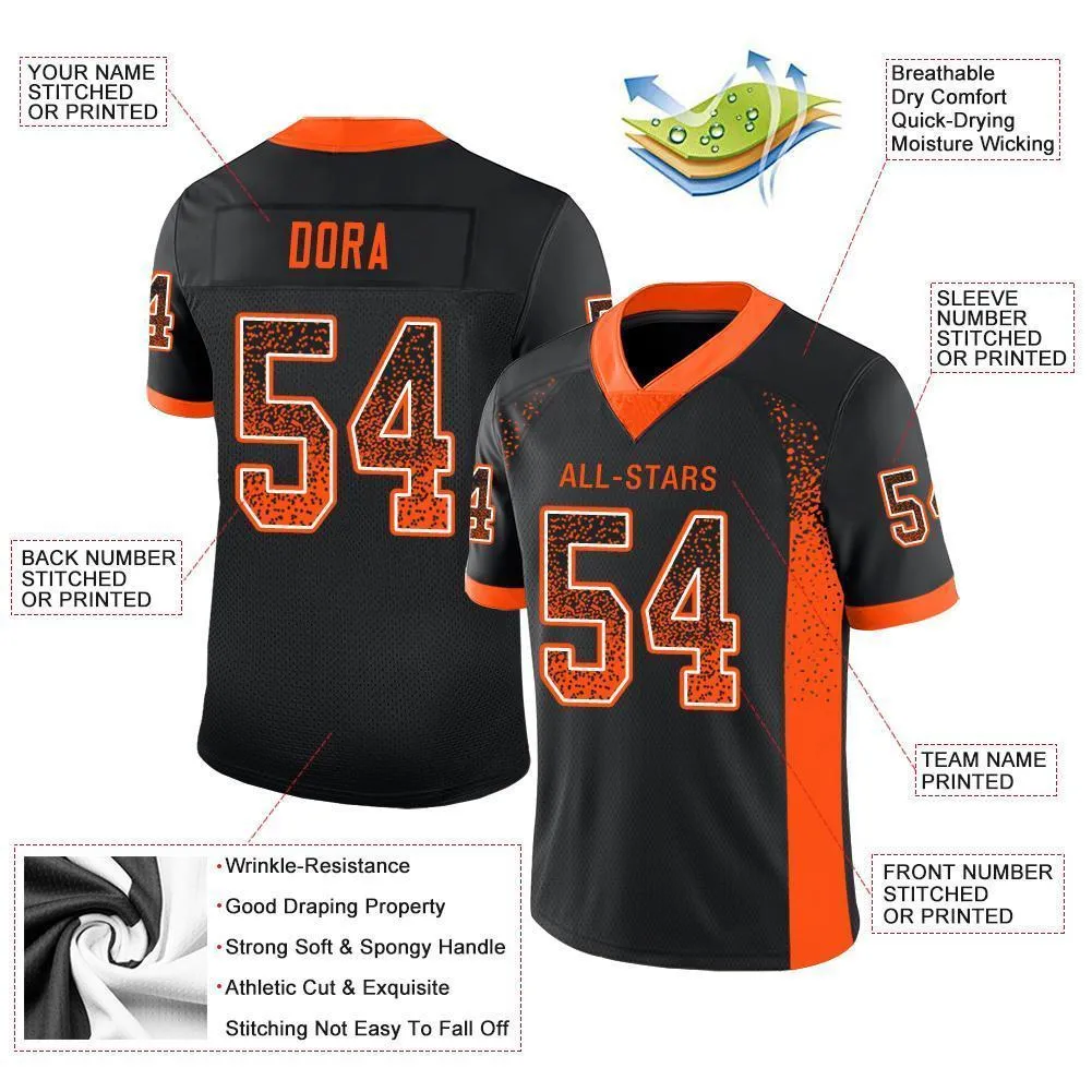 Custom Black Orange-White Mesh Drift Fashion Football Jersey