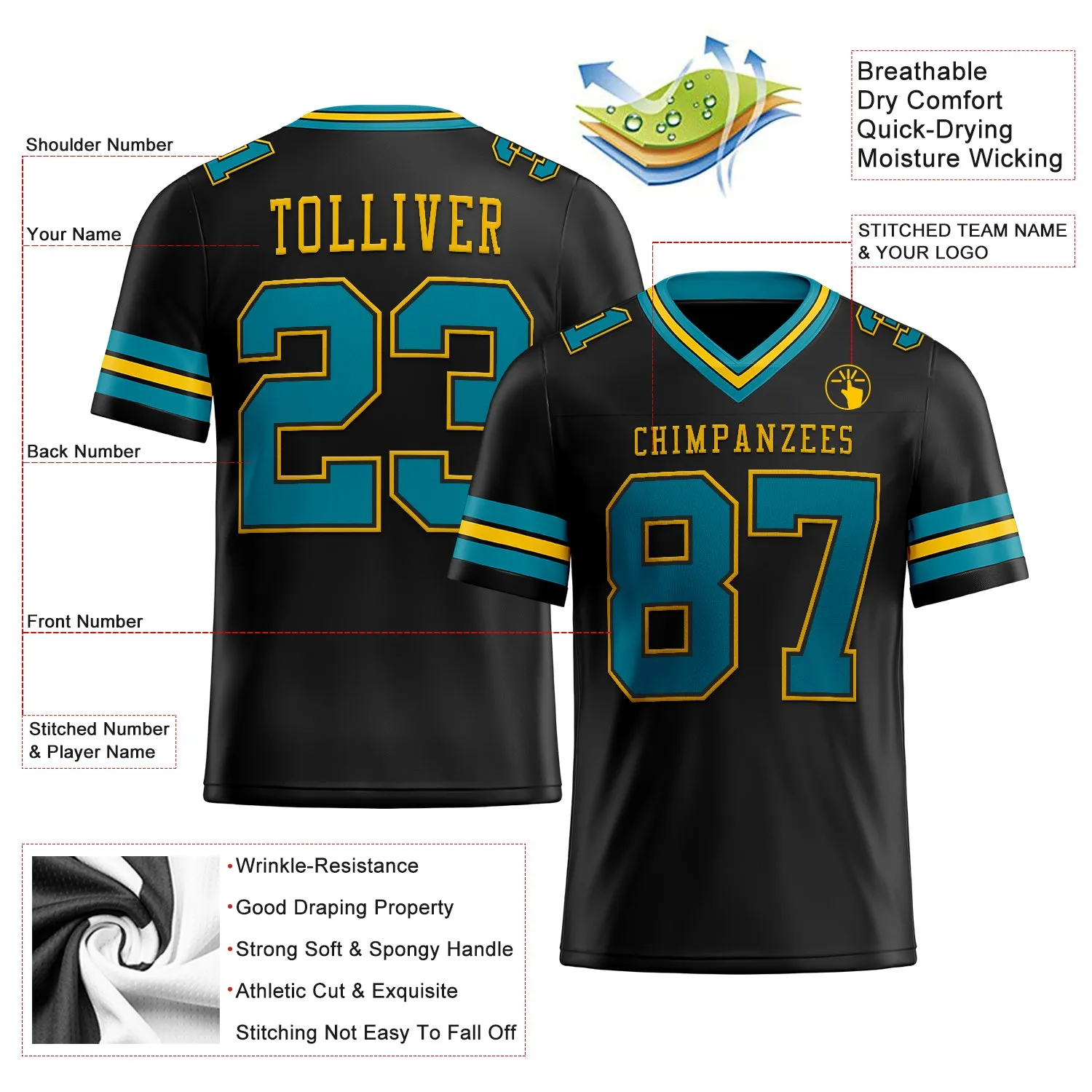 Custom Black Teal-Yellow Mesh Authentic Football Jersey