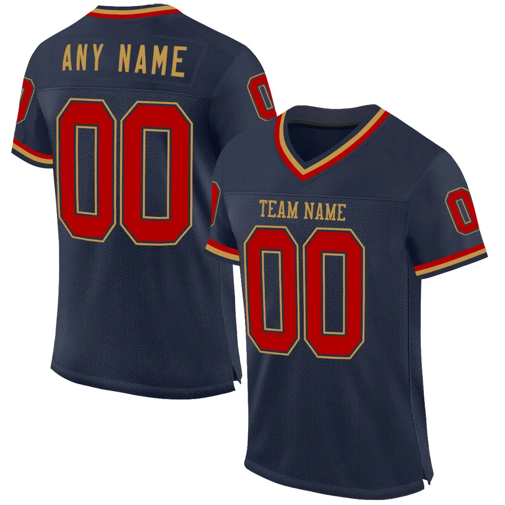 Custom Navy Red-Old Gold Mesh Authentic Throwback Football Jersey