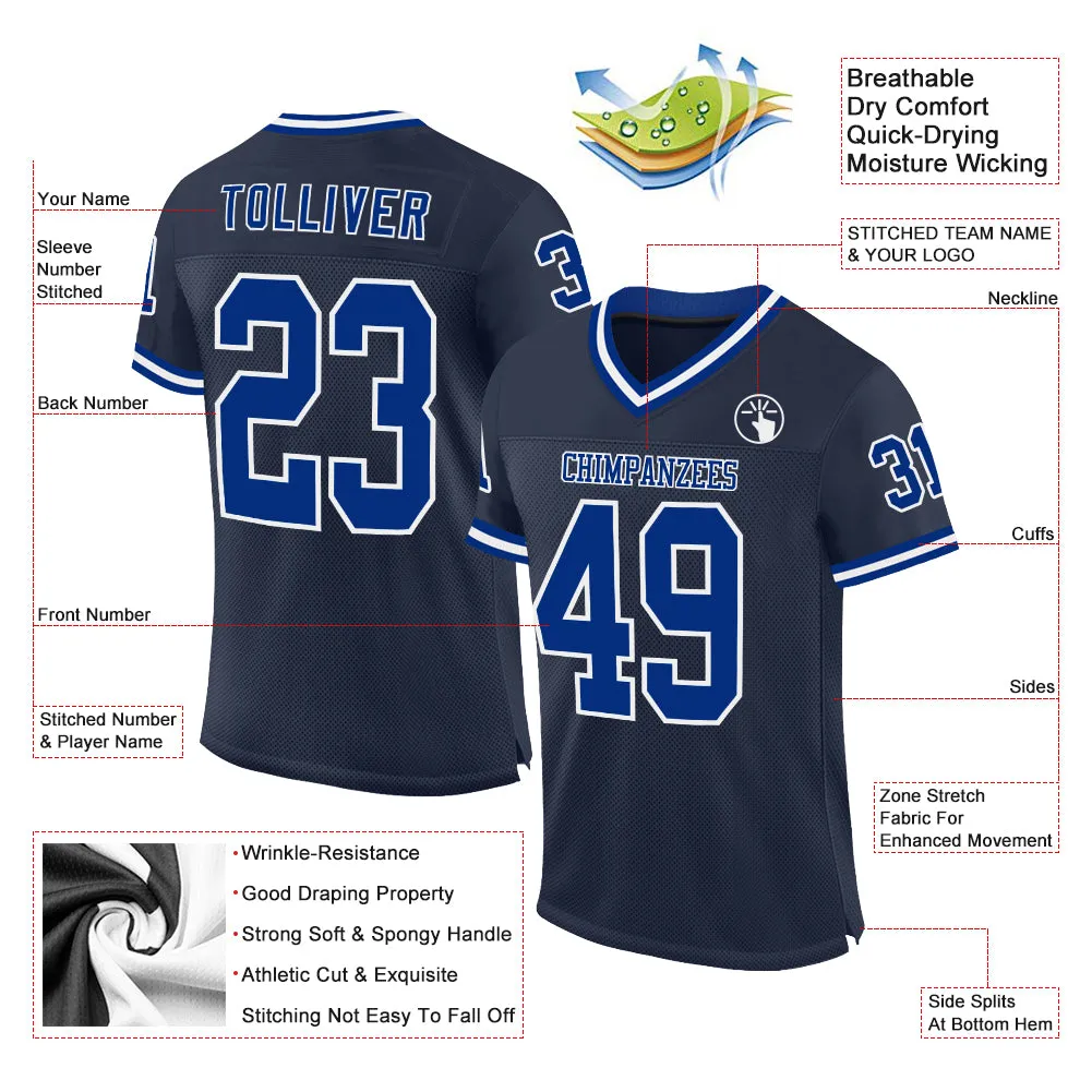 Custom Navy Royal-White Mesh Authentic Throwback Football Jersey