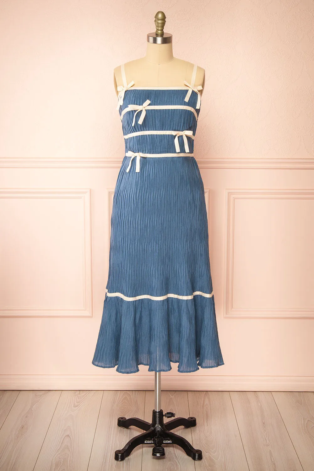 Dixie Blue | Pleated Midi Dress w/ Ivory Bows