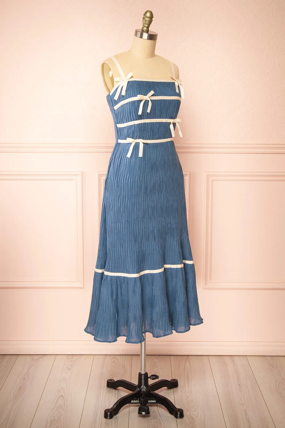 Dixie Blue | Pleated Midi Dress w/ Ivory Bows