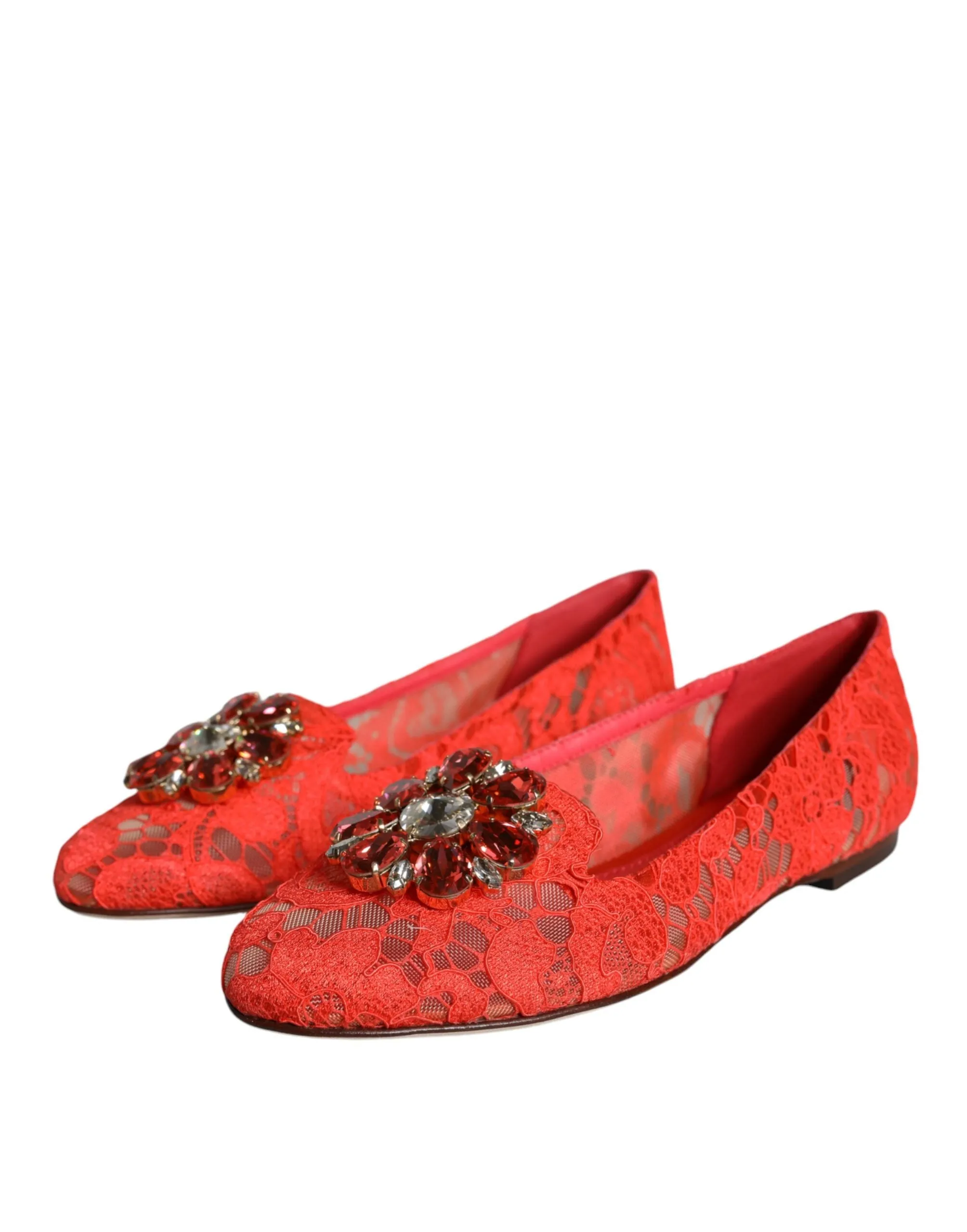 Dolce & Gabbana Coral Lace Crystal Ballet Flats Loafers Shoes