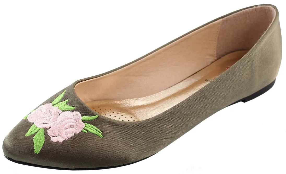 Elegant Footwear Women's Embroidered Rose Floral 90s Pointed Toe Ballet Flat