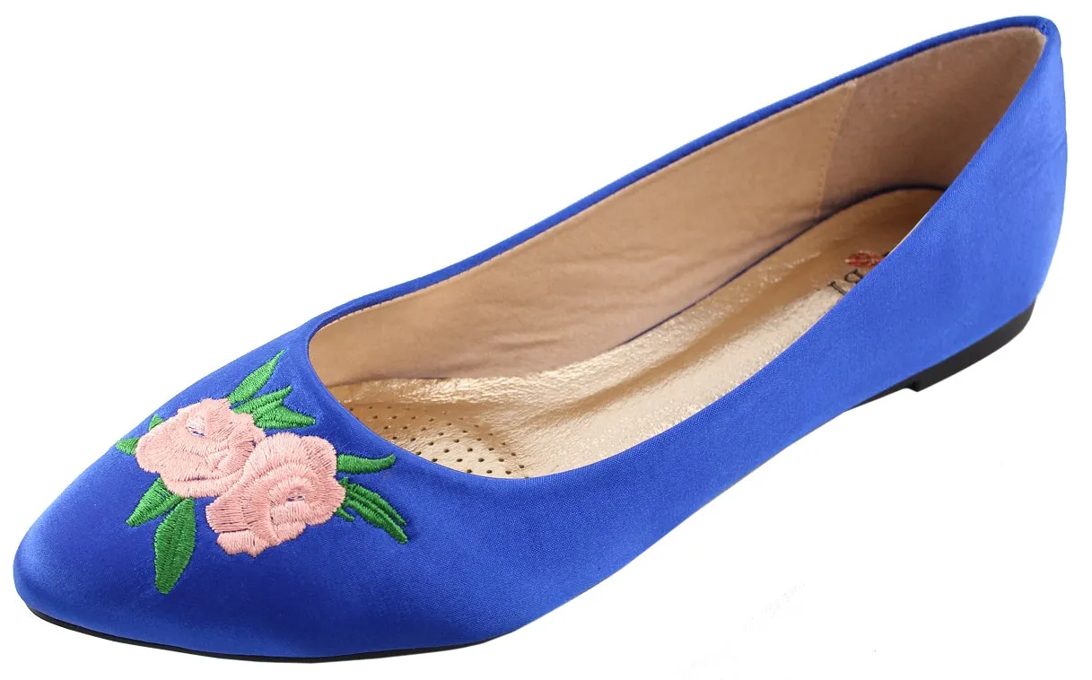 Elegant Footwear Women's Embroidered Rose Floral 90s Pointed Toe Ballet Flat