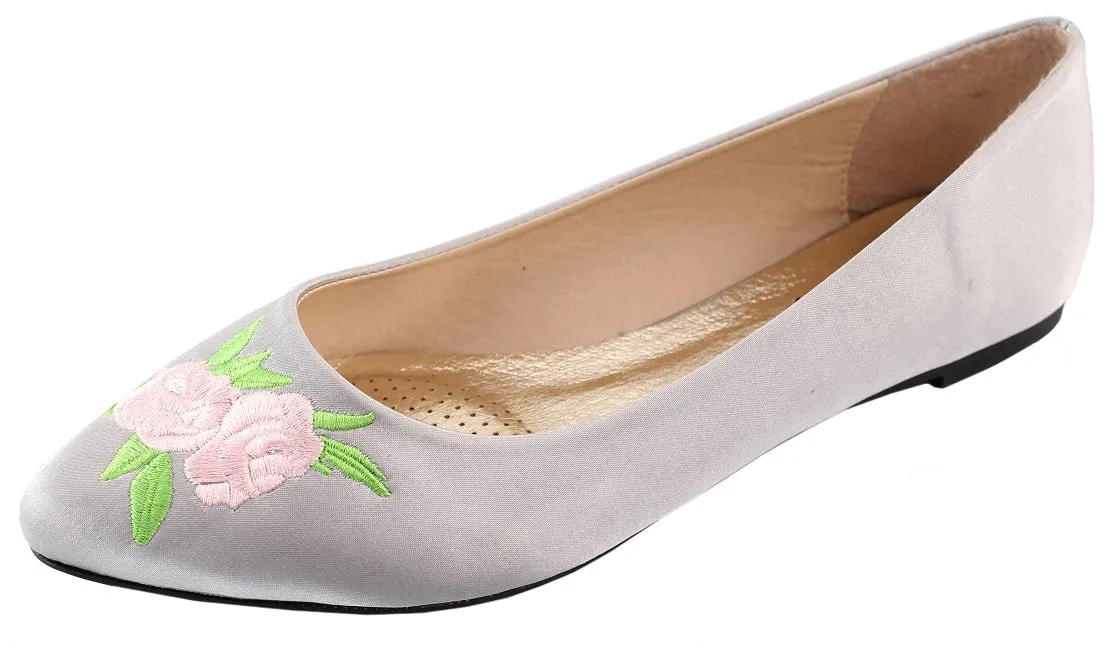 Elegant Footwear Women's Embroidered Rose Floral 90s Pointed Toe Ballet Flat