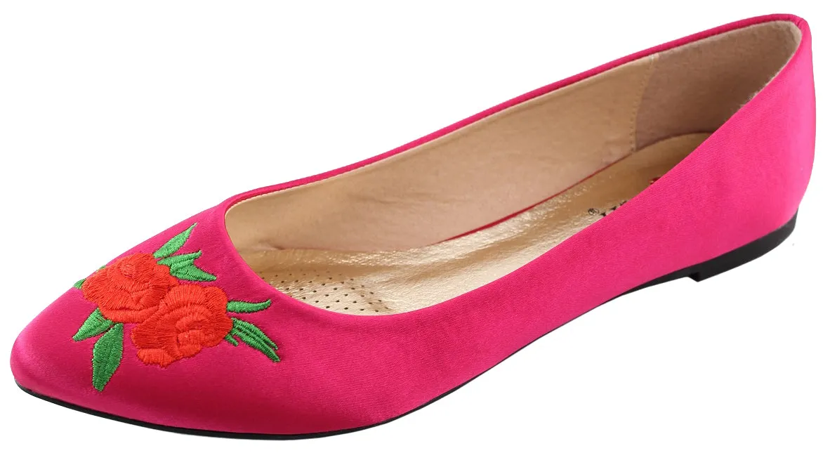 Elegant Footwear Women's Embroidered Rose Floral 90s Pointed Toe Ballet Flat