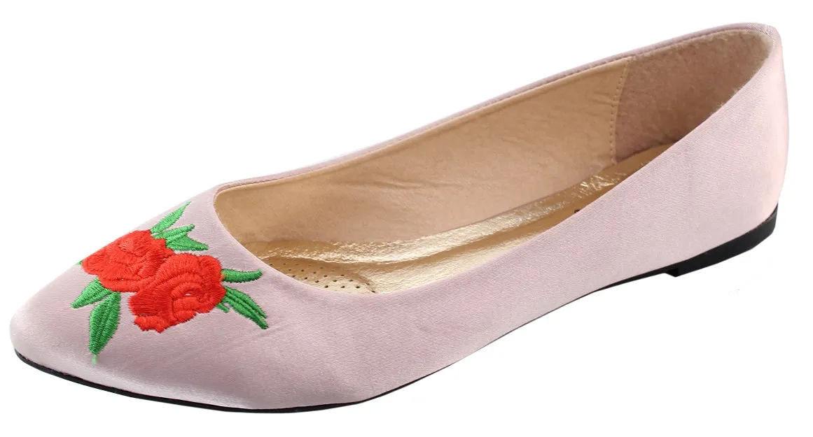 Elegant Footwear Women's Embroidered Rose Floral 90s Pointed Toe Ballet Flat