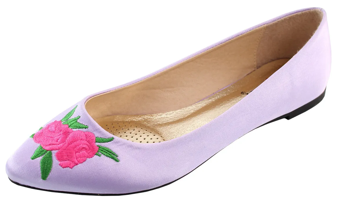 Elegant Footwear Women's Embroidered Rose Floral 90s Pointed Toe Ballet Flat