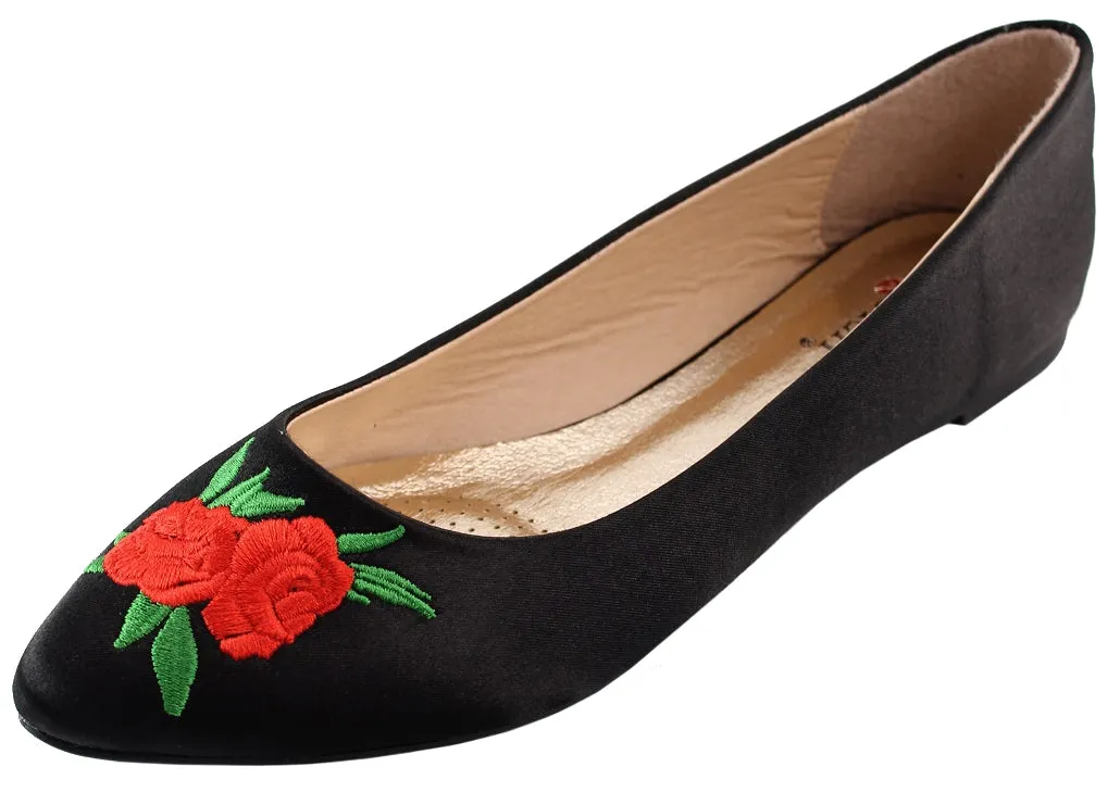 Elegant Footwear Women's Embroidered Rose Floral 90s Pointed Toe Ballet Flat